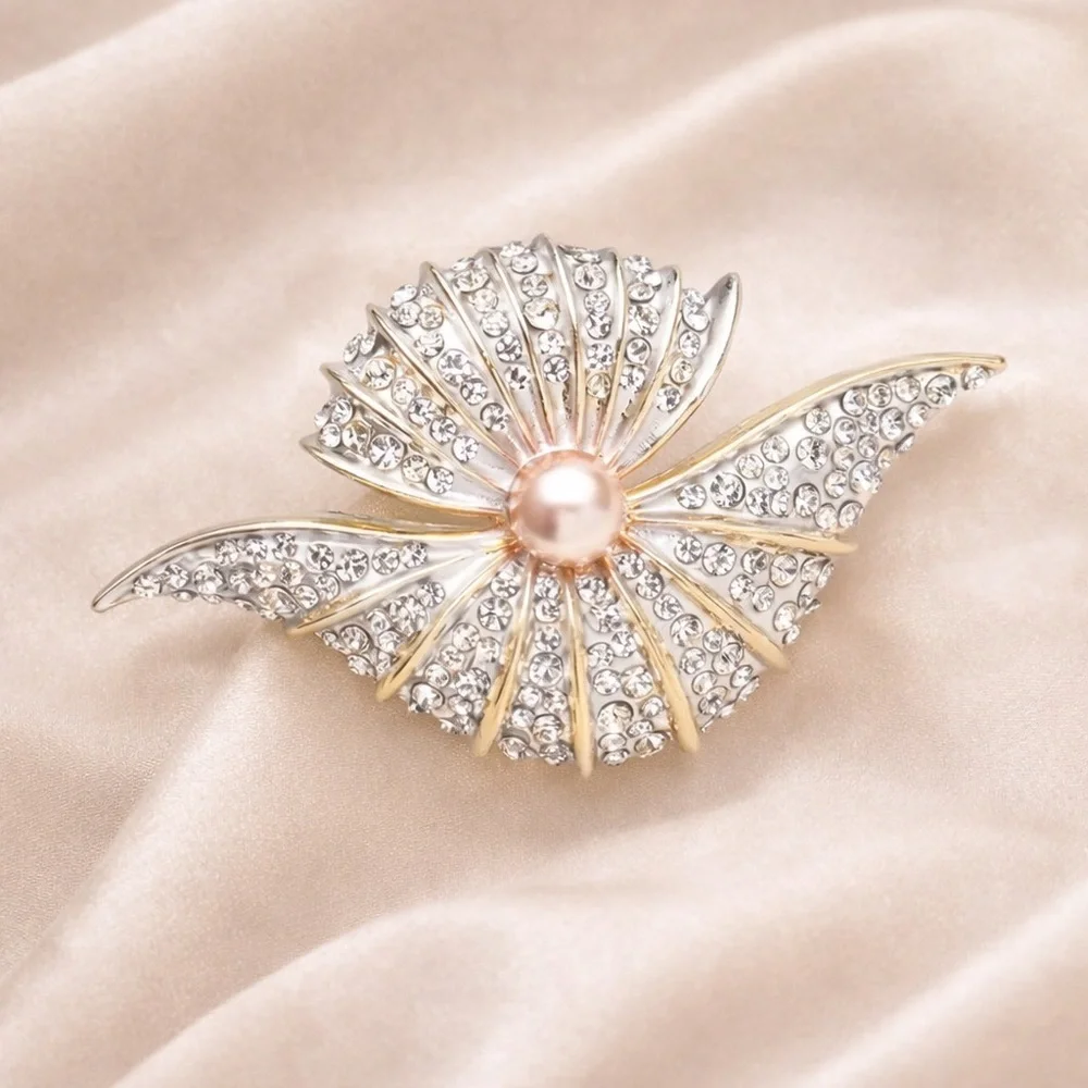 Art Deco Gold Silver Brooch with Pink Pearl